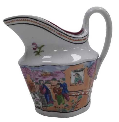 An early 19thC Newhall porcelain Boy in the Window pattern cream jug, pattern number 425.