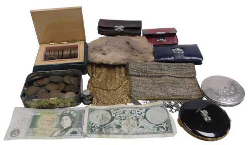 Assorted collectables and coins, including vintage evening bags, leather wallets, compacts,...
