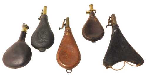 Five 19thC leather shot flasks, varying designs, one only with embossed decoration of a hunting...