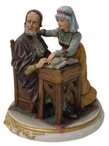 A Capodimonte bisque porcelain figure group of The Writer and His Wife, by Ronata, raised on a...