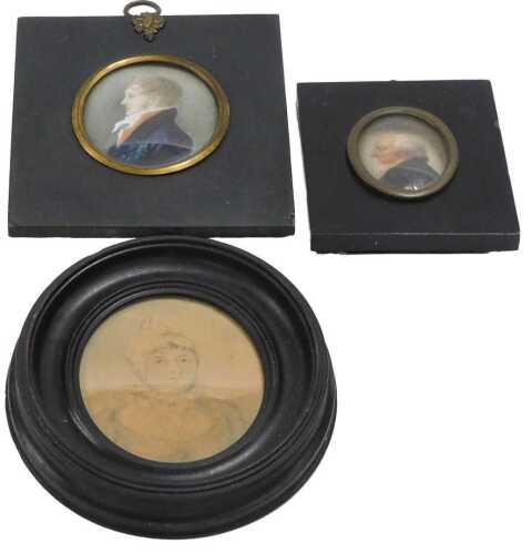 English School (19thC). Half length portrait of a gentleman, facing left, watercolour, 7cm x...