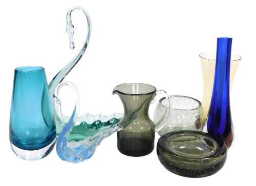 A group of Whitefriars glass, including two swan dishes, vases, bowls and a jug. (8)