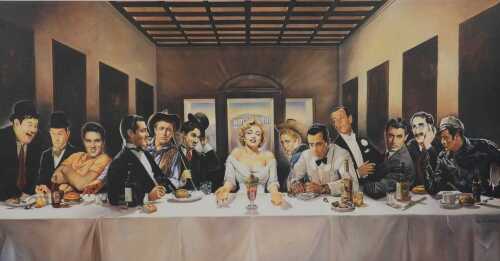 A contemporary Hollywood screen print of the Last Supper, featuring Marilyn Monroe flanked by...