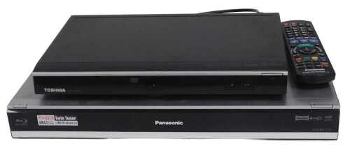 A Panasonic blu-ray compact disc player, DMR-BWT735, together with a Toshiba DVD player, model...