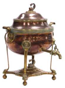 A Regency copper and brass samovar, the domed lid decorated with a dolphin flanked by scrolling...