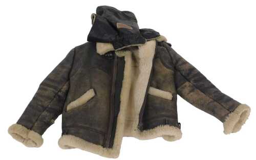 A brown leather and sheepskin aviator style jacket, with an aviator style hood.
