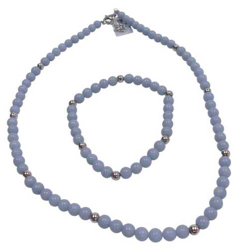 An angelite necklace on a lobster claw clasp, stamped 925, and a matching bracelet. (2)