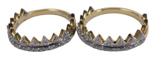 A pair of gold plate on silver and diamond stacker rings, size O, 5.8g.
