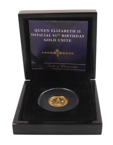 A Queen Elizabeth II Official 91st Birthday gold Unite, issued by the Bradford Exchange, with...