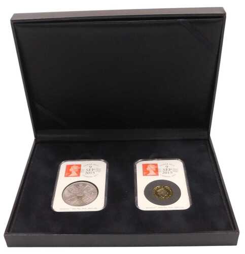 A Longest Reigning Monarch date stamp pair of coins 2015, comprising a coronation crown, and a...
