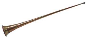A brass and copper coaching horn, applied with the coat of arms of the city of London, a...