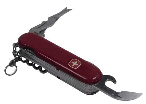 A Swiss Army knife, with seven blades and tools.