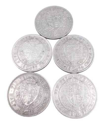 Five Queen Victoria veiled head half crowns, 1893-95, 1897, and 1899.