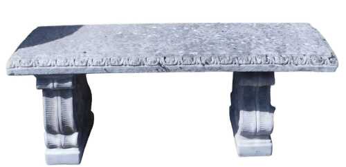 A concrete garden bench with a rectangular top, raised on two scroll supports, 113cm wide.