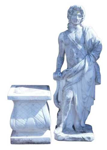 A reconstituted stone figure of Apollo, model standing, holding a lyre, raised on a square base,...
