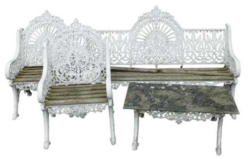 A Coalbrookdale style white painted cast iron and wooden Peacock four piece garden suite,...
