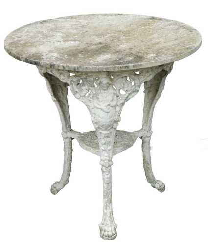A Victorian white painted cast iron pub table, with a circular marble top, raised on three...
