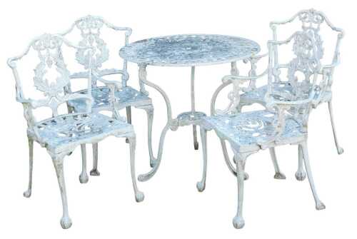 A white painted cast iron garden bistro set, with four armchairs, and a circular topped table,...