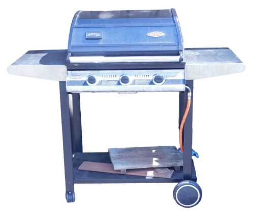 A BeefEater Discovery 1-1000 gas barbecue, with an all weather cover.