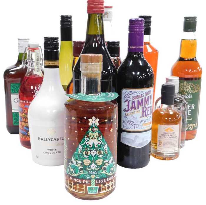 A quantity of wines and spirits, to include Marks and Spencer Mince Pie liqueur, Pimm's 1 litre,...