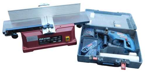 A Rexon bench top planer, J-1560A, and a Bosch Hammer STS electric drill, cased.