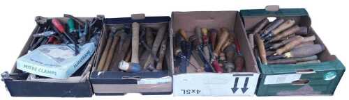 A quantity of woodworking tools, including chisels, scrapers, hammers, and pliers. (1 shelf)