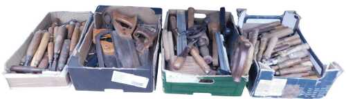 Assorted woodworking tools, including chisels and gouges, saws, mallets, a drill, etc. (1 shelf)