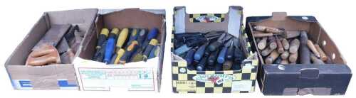 Assorted woodworking tools, including chisels, gouges, and saws. (1 shelf)