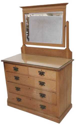 A Victorian oak chest, of two short over three long drawers, raised on a plinth, 81cm high,...