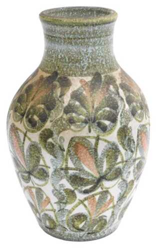 A Denby studio stoneware vase, decorated with leaves, etc., indistinctly signed by Glyn Colledge,...