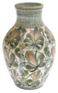 A Denby studio stoneware vase, decorated with leaves, etc., indistinctly signed by Glyn Colledge,...