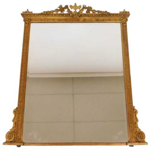 An early 19thC giltwood overmantel mirror, the pediment decorated with a central urn and swags...