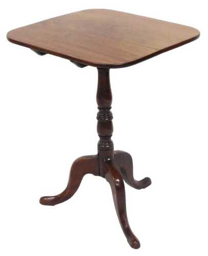 A George III mahogany tilt top occasional table, with a square top, raised on a turned column...