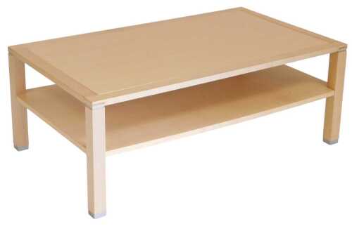 A maple finished two tier coffee table, with a rectangular top, raised on square legs, metal...