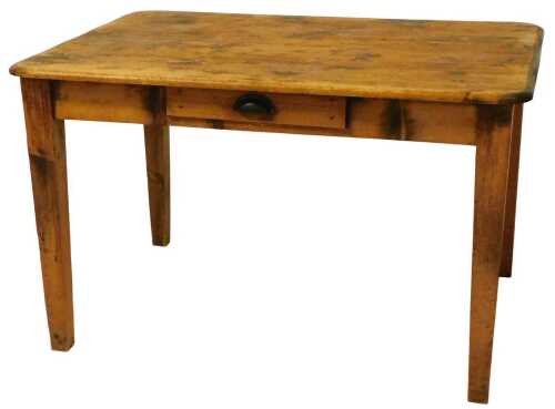 A Victorian pine kitchen table, with a single frieze drawer, raised on tapering square legs,...