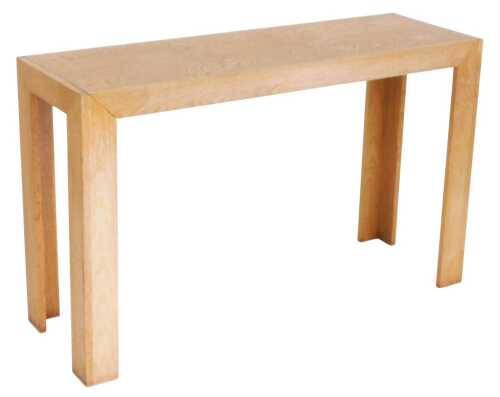 A light oak side table, raised on straight L shaped legs, 74.5cm high, 122cm wide, 40cm deep.