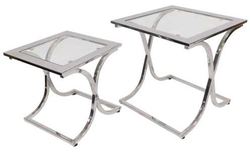 A pair of graduated chrome framed occasional tables, each inset with a square glass top, on X...