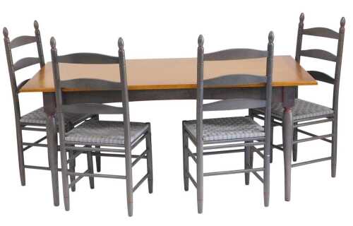 An N F French birch wood and grey painted kitchen table, raised on turned legs, 75cm high, 169cm...