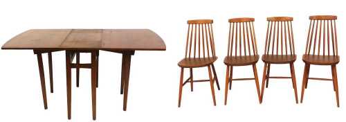 A teak drop leaf dining table, raised on tapering square legs, united by stretchers, 75cm high,...