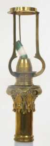 A late 19thC brass and white opaque glass table lamp, decorated with scrolls, flowers, etc., the... - 3