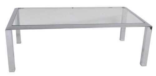 A chrome and glass topped coffee table, raised on square legs, 41cm high, 119cm wide, 64cm deep.