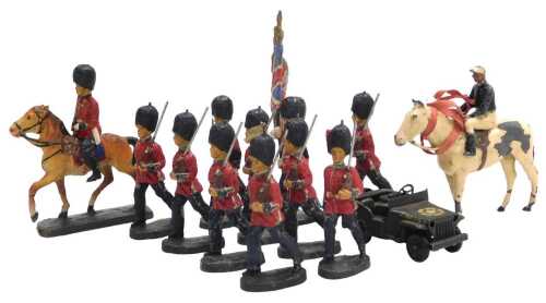 A group of model soldiers, to include Elestolin Scots Guards, a painted lead horse, a Tri-ang...