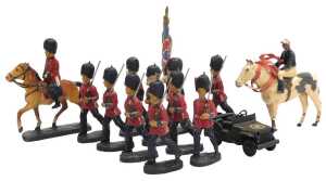 A group of model soldiers, to include Elestolin Scots Guards, a painted lead horse, a Tri-ang...