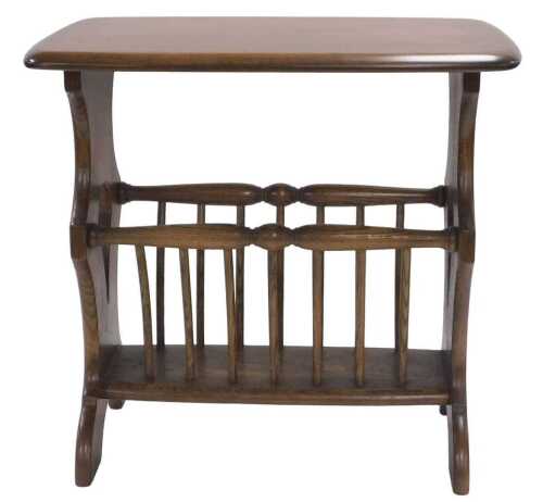 An Ercol elm magazine rack, model 974, 51cm high, 54cm wide, 37cm deep.