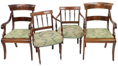 A set of four Regency style mahogany dining chairs, with green and cream floral upholstered drop...