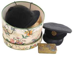 A WWI Princess Mary brass Christmas tin 1914, RAF cap, and a riding helmet. (3)