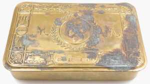 A WWI Princess Mary brass Christmas tin 1914, RAF cap, and a riding helmet. (3) - 3