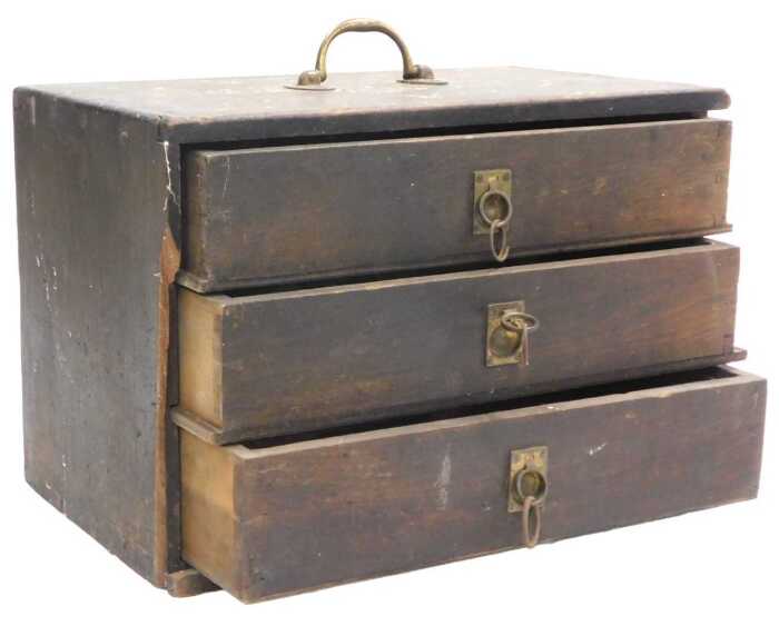 A set of late 19th/early 20thC pine drawers, with brass recessed handles, lacking door front,...