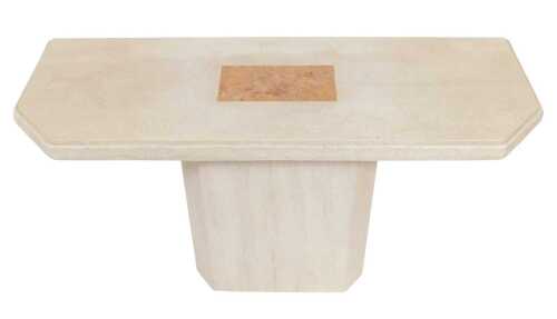 A red and white marble topped console table, of canted rectangular form, with a rough hewn...