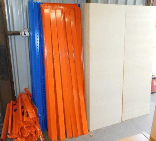 V - Nine bays of orange & blue Rapid Racking four-level chipboard heavy duty shelving and supports....